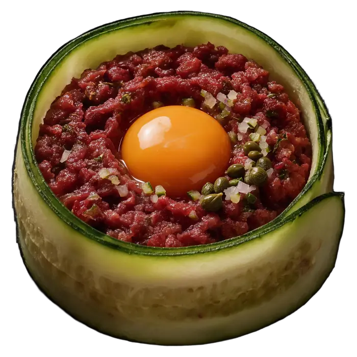 Tartare anglais, dressage composé d'après le tartare de la maison : bœuf, cognac, condiments traditionnels