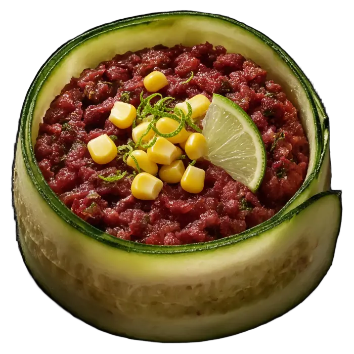 Tartare brésilien, dressage composé d'après le tartare de la maison : bœuf, citron vert, zeste de citron, maïs, cachaça