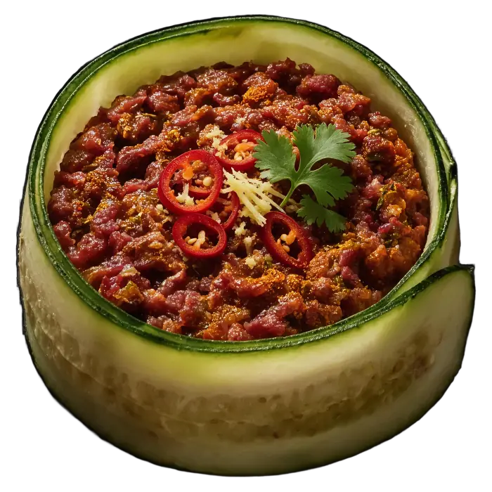 Tartare indienne, dressage composé d'après le tartare de la maison : bœuf, gingembre, piment, tandoori, curry